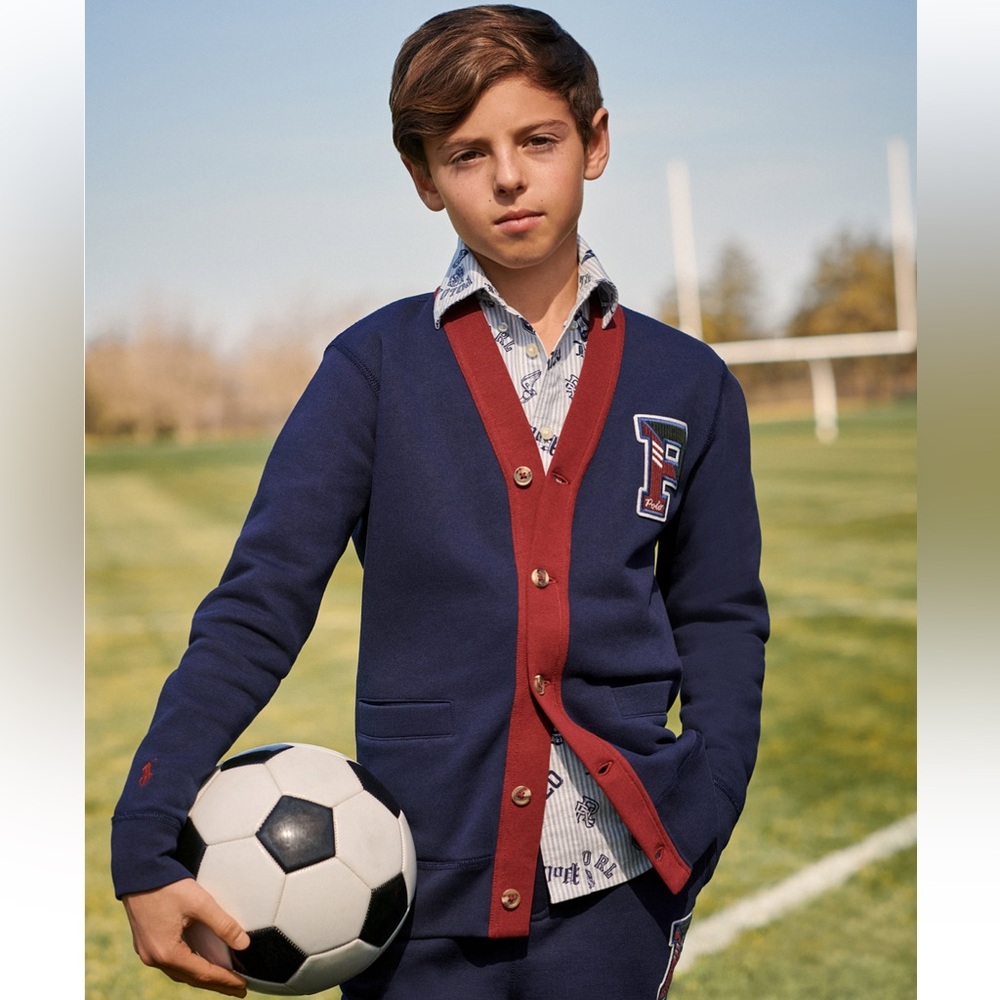 Polo Ralph Lauren Big Boys Fleece Letterman V-Neck Cardigan- Size Small (8)